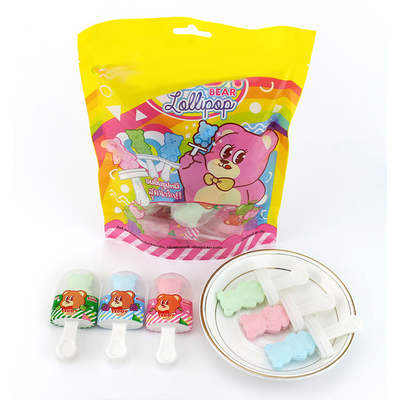 Piruleta de oso de peluche de caramelo prensada en bolsas/OEM de caramelo de piruleta de tableta de oso